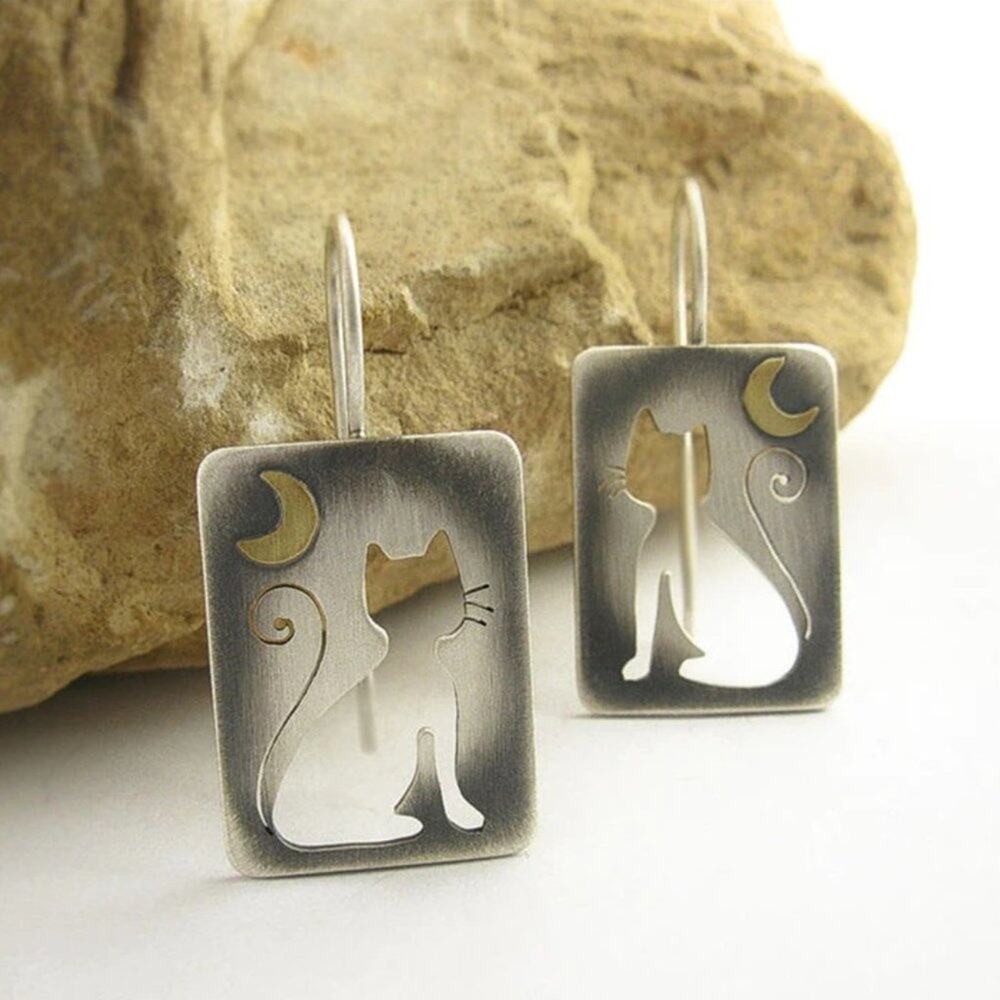 NWOT Silver Cat & Moon Dangle Earrings